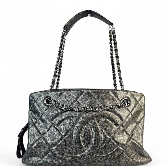 CHANEL Timeless CC Leather Chain Shopper Tote Bag Shoulder Metallic Grey Pewter - Picture 12 of 12
